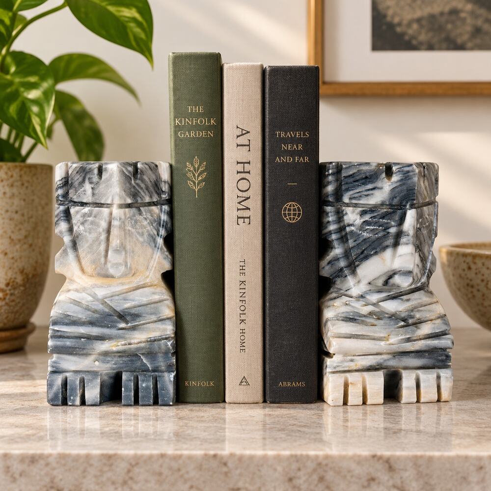 Mexican Onyx Marble Aztec Mayan Figural Bookends Carved Stone Pair